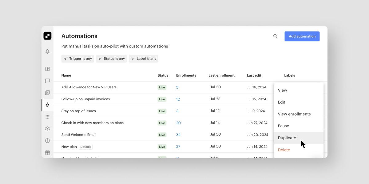 Duplicate an automation in Optix